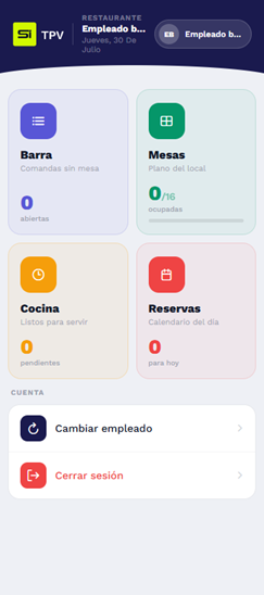 Comandero móvil SiRest con accesos a barra, mesas, cocina y reservas