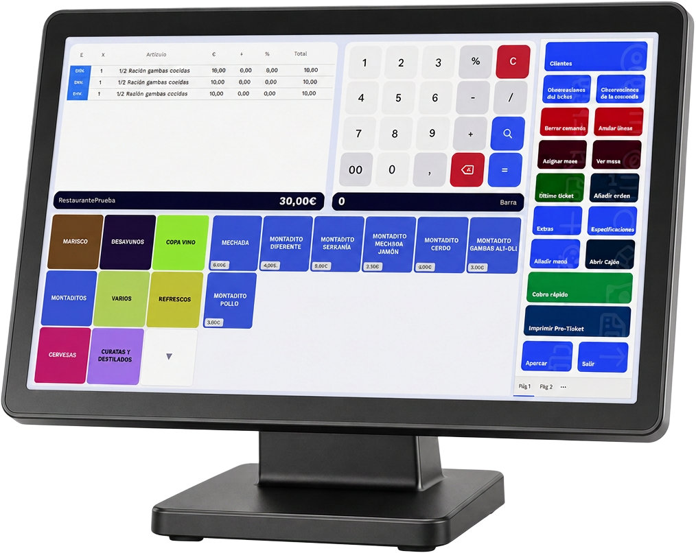 Terminal punto de venta SiRest con la pantalla de comandas y familias de productos